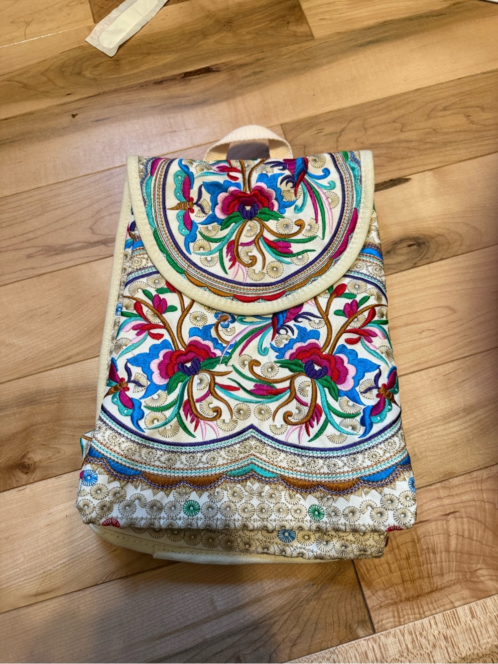 Cream Embroidered Floral Backpack with Multicolor Accents